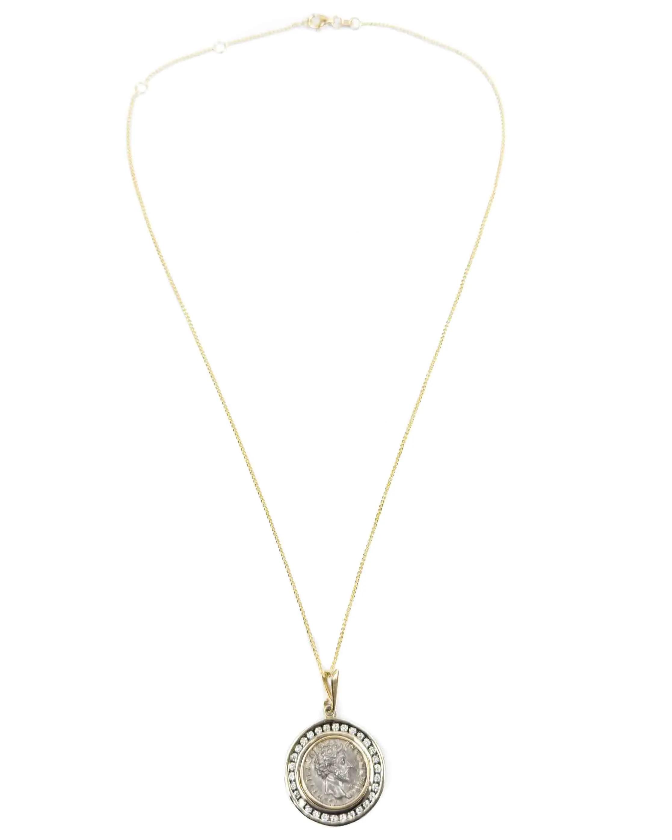 14k Gold & Diamond Genuine Ancient Roman Coin Necklace (Marcus Aurelius; 156-157 A.D.)