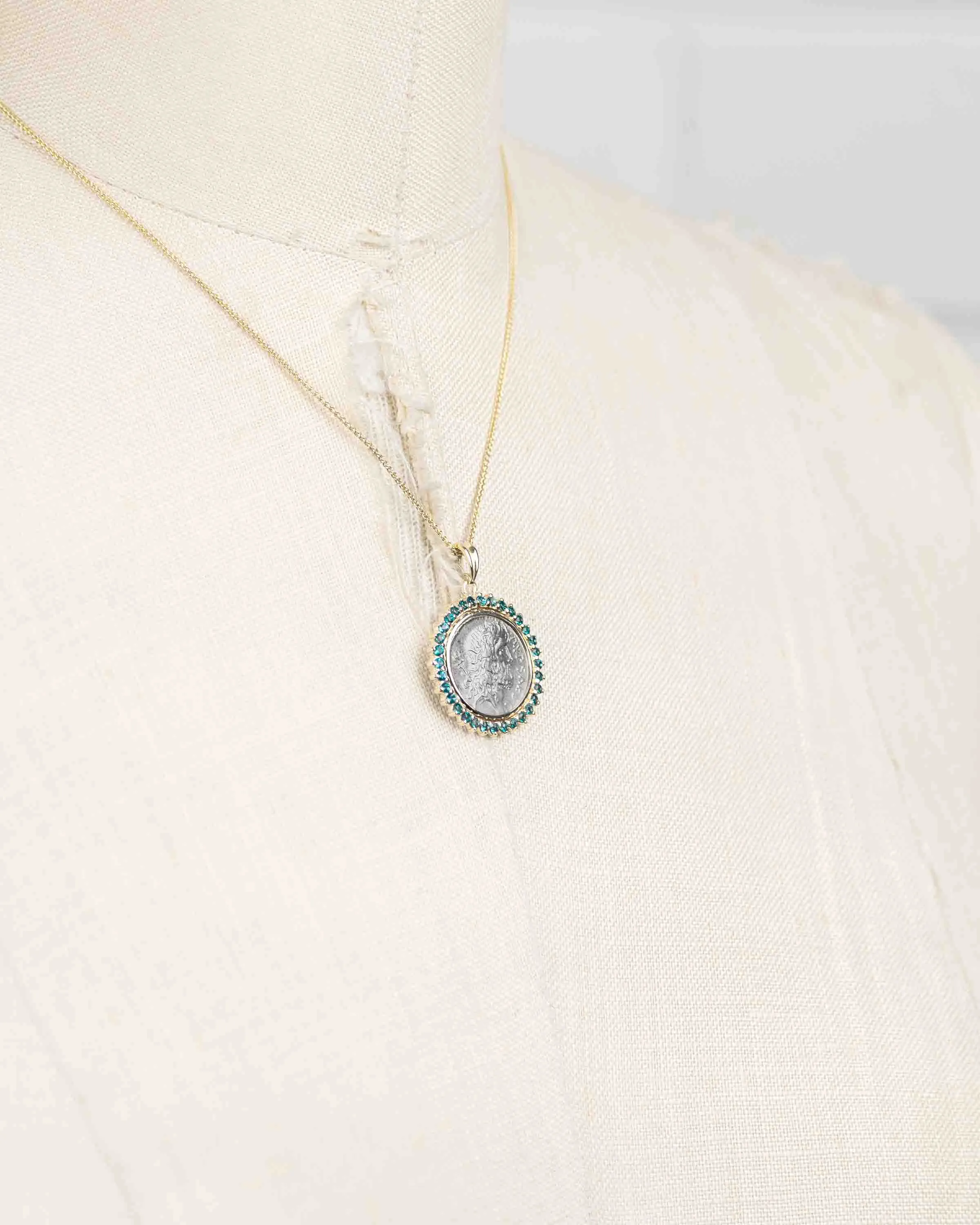 14k Gold & London Blue Topaz Genuine Ancient Roman Coin Necklace (Neptune; 57 B.C.)