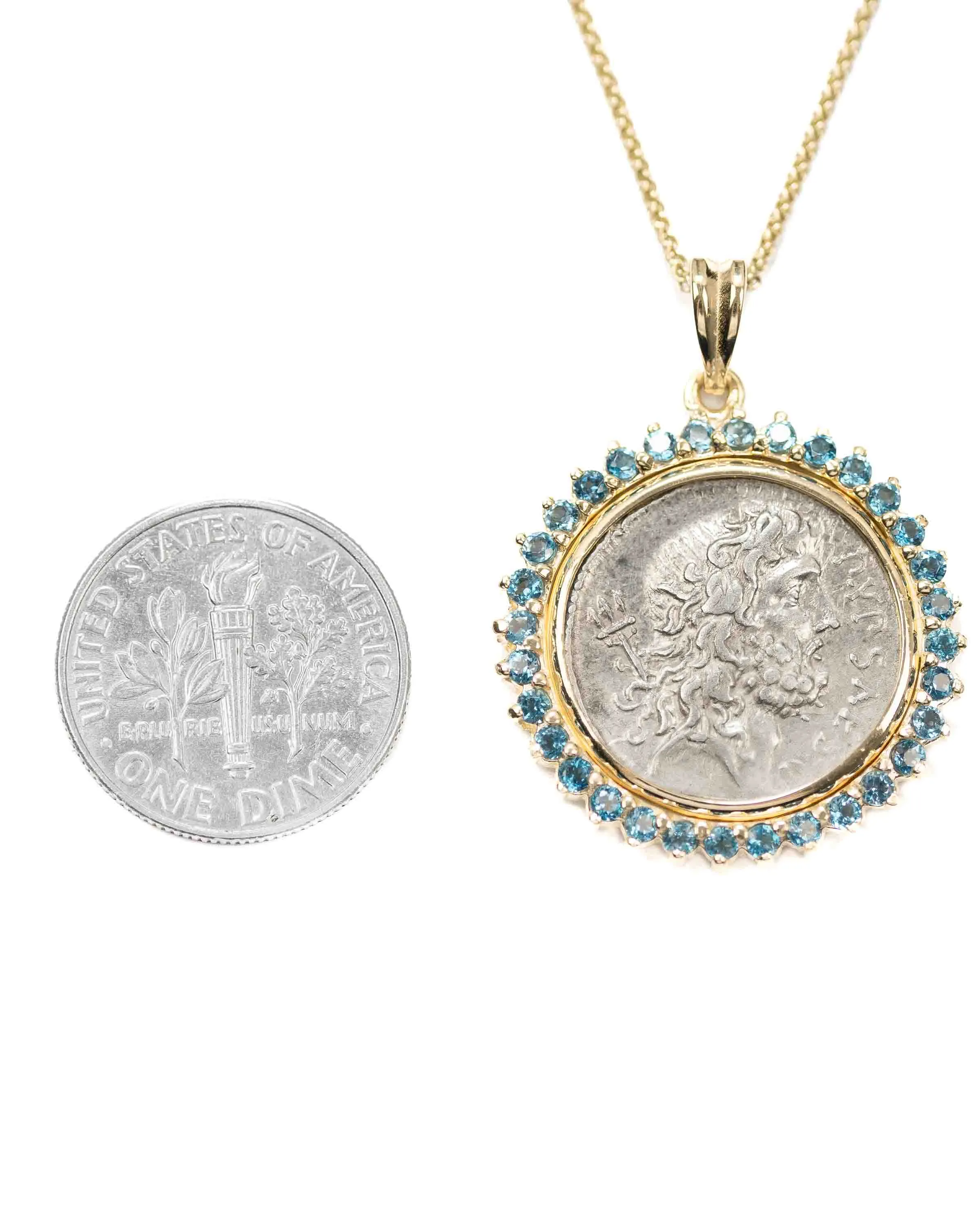 14k Gold & London Blue Topaz Genuine Ancient Roman Coin Necklace (Neptune; 57 B.C.)