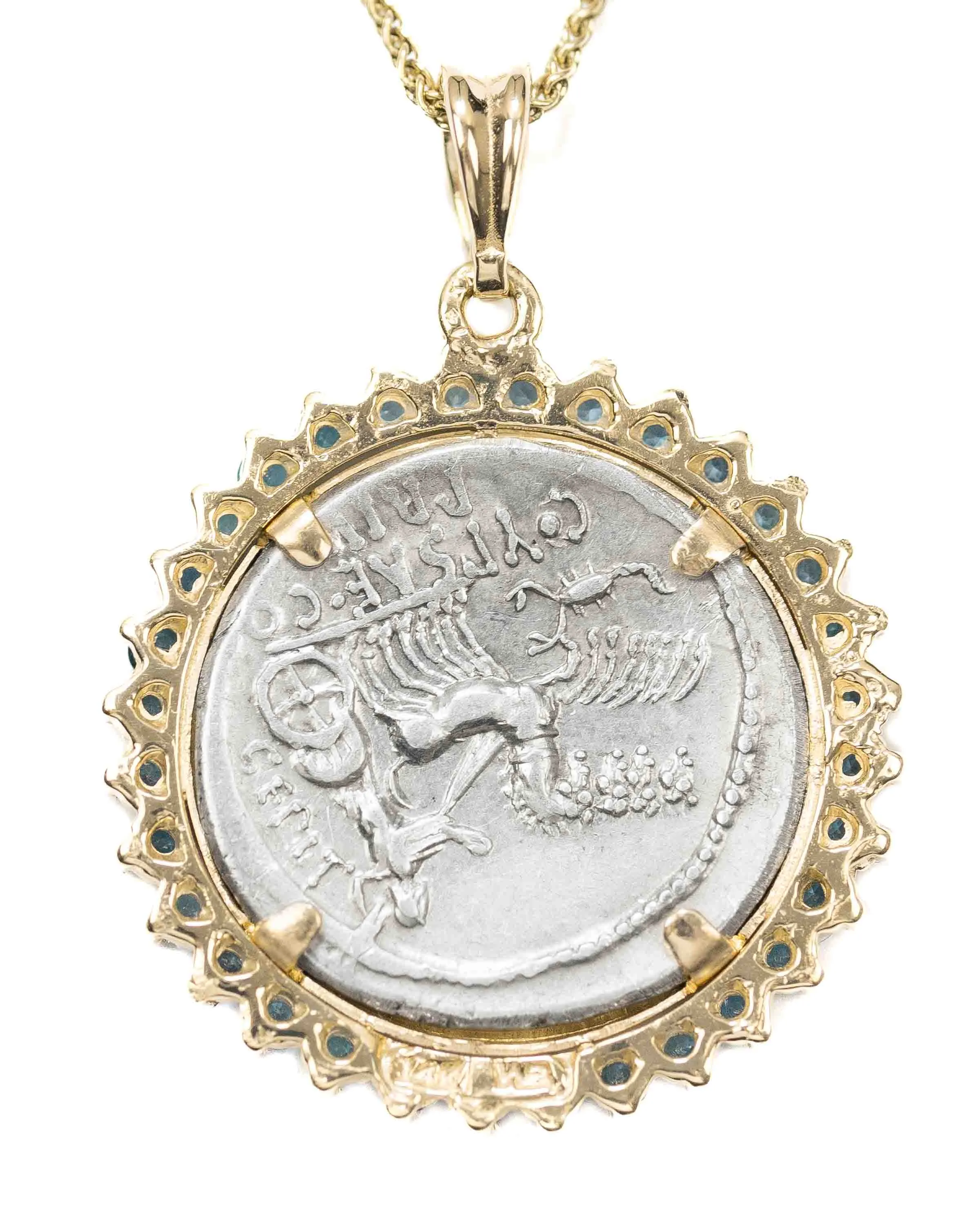 14k Gold & London Blue Topaz Genuine Ancient Roman Coin Necklace (Neptune; 57 B.C.)