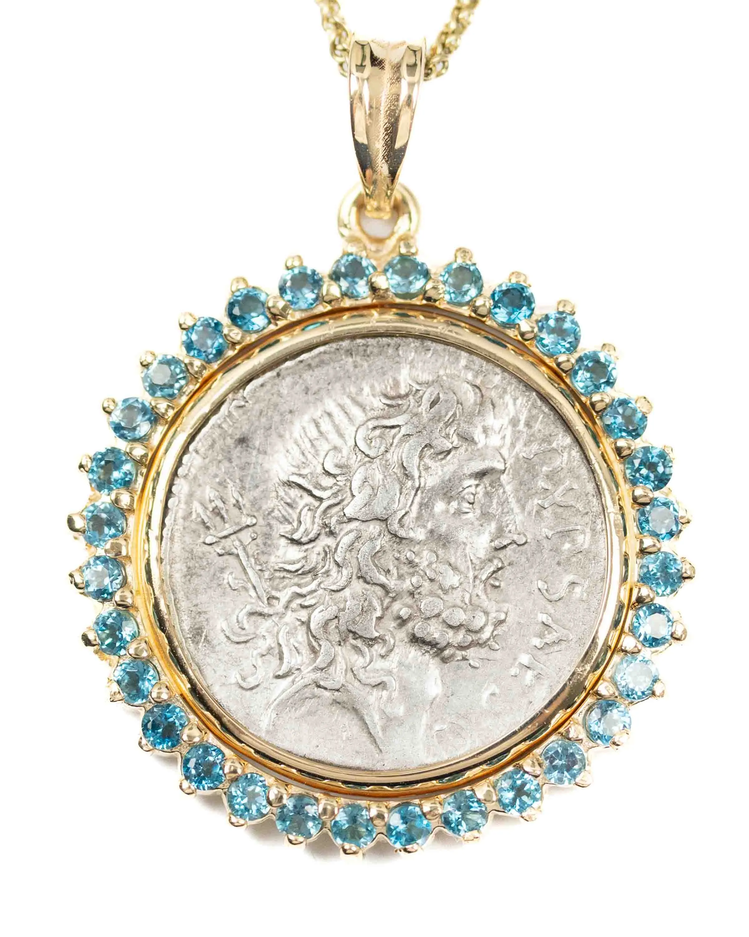14k Gold & London Blue Topaz Genuine Ancient Roman Coin Necklace (Neptune; 57 B.C.)