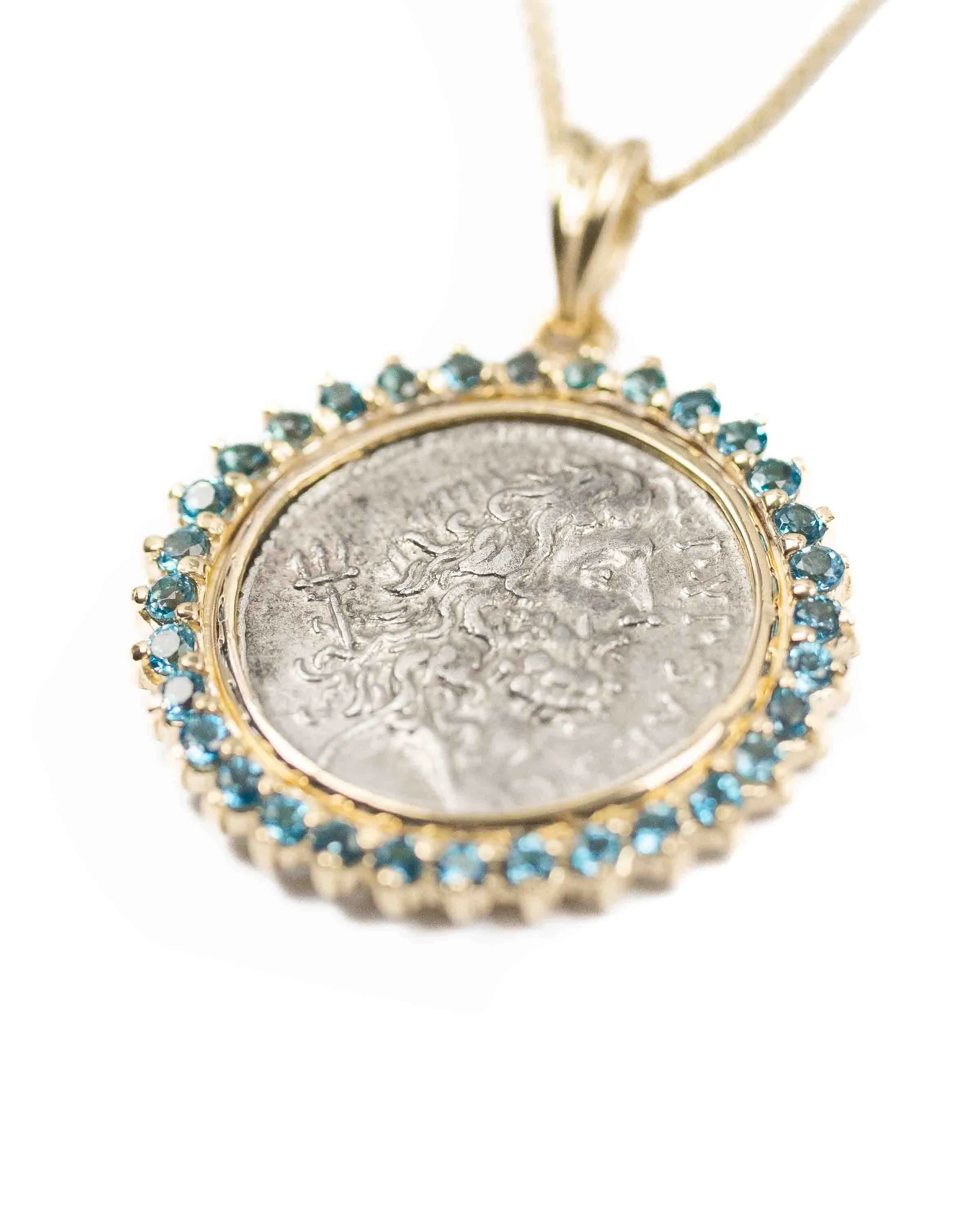 14k Gold & London Blue Topaz Genuine Ancient Roman Coin Necklace (Neptune; 57 B.C.)