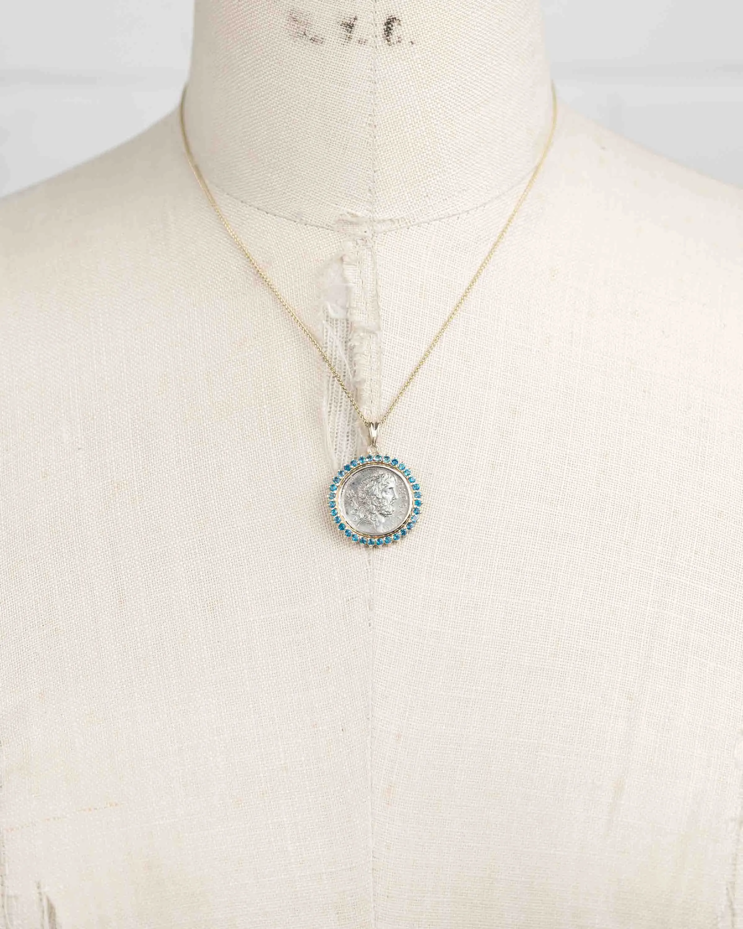 14k Gold & London Blue Topaz Genuine Ancient Roman Coin Necklace (Neptune; 57 B.C.)