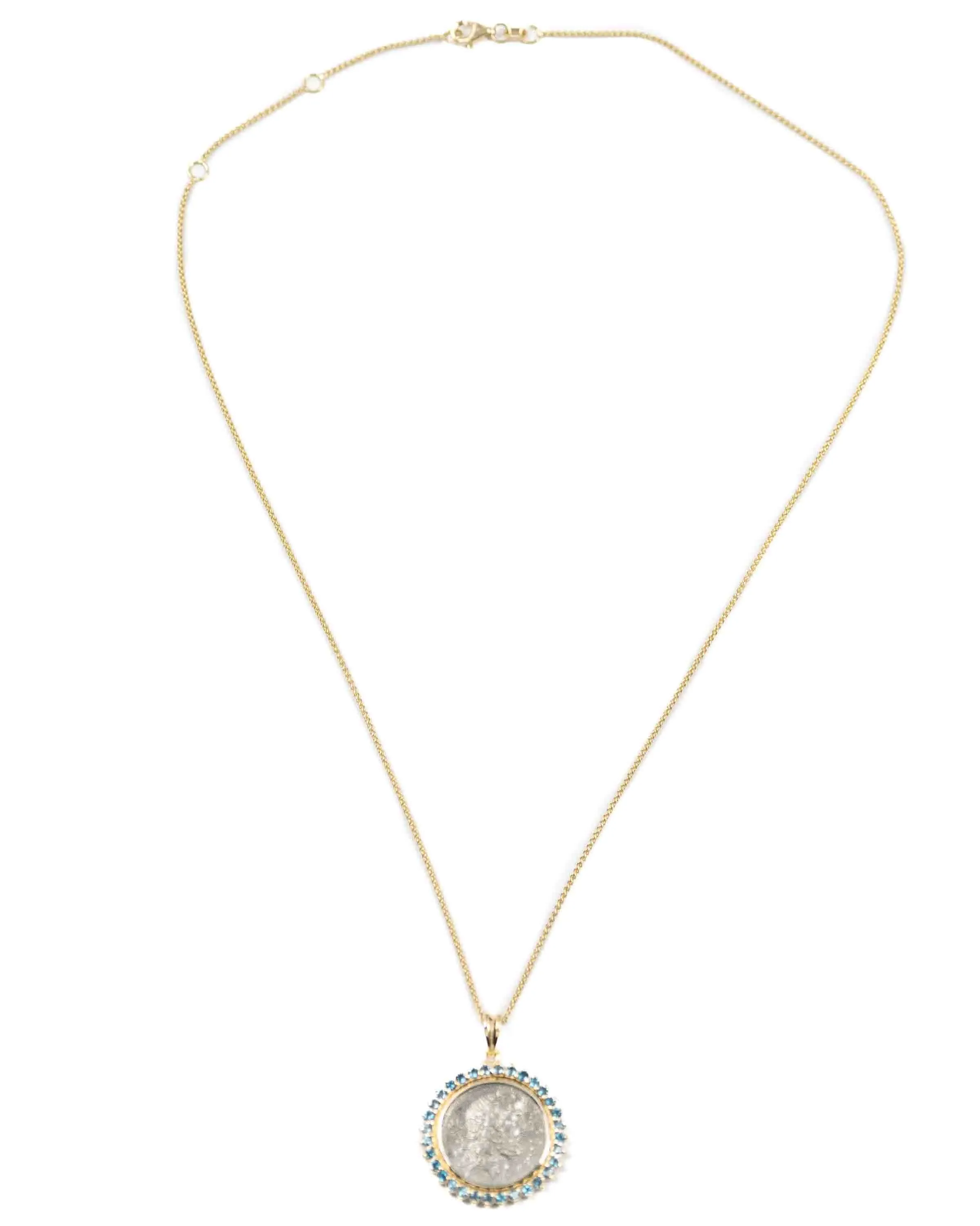 14k Gold & London Blue Topaz Genuine Ancient Roman Coin Necklace (Neptune; 57 B.C.)