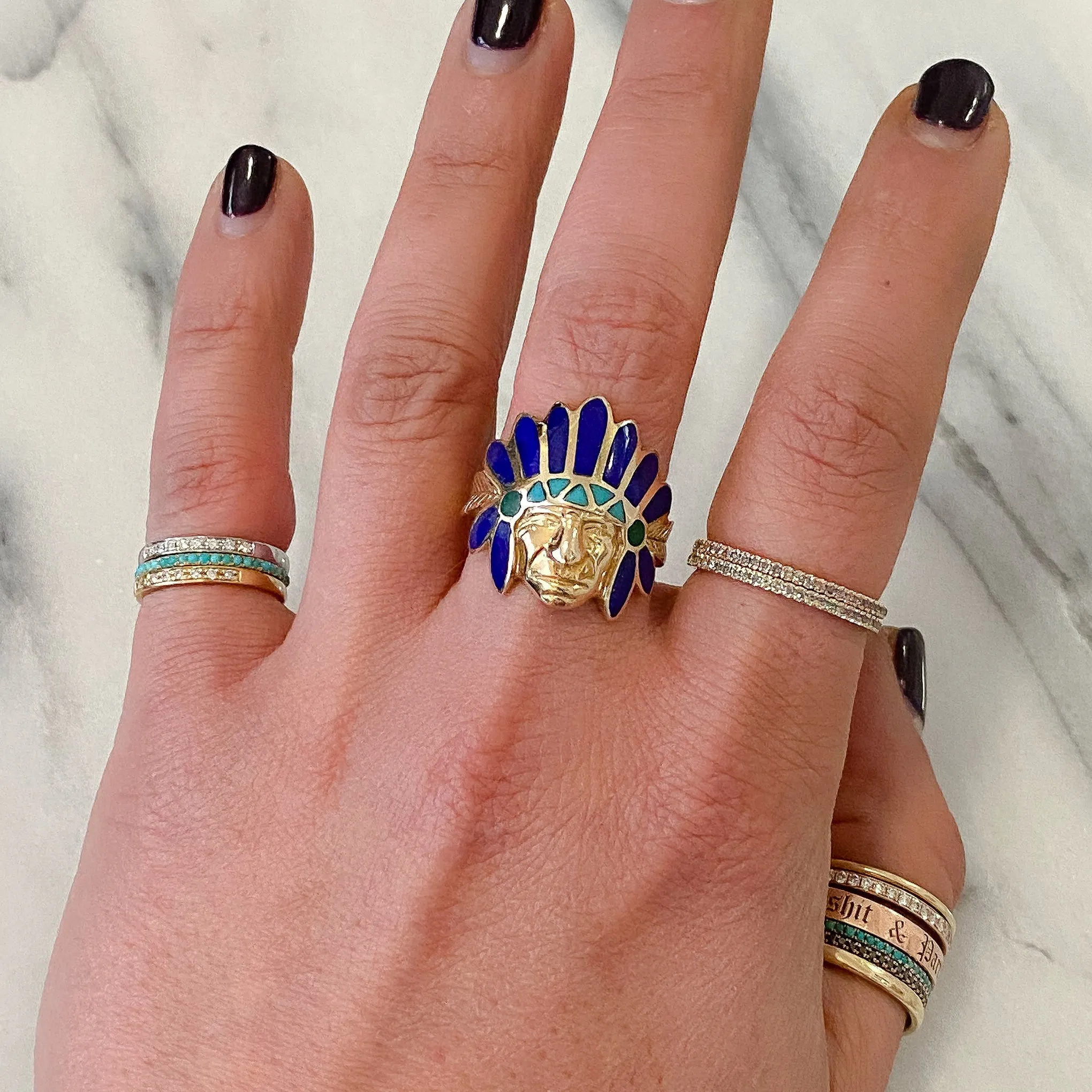 14K Gold Chief Head Ring ~ Lapis Lazuli, Turquoise & Malachite
