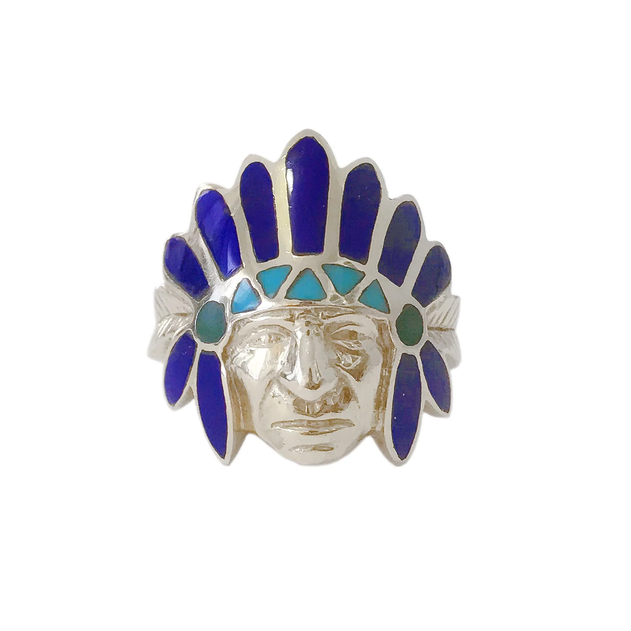 14K Gold Chief Head Ring ~ Lapis Lazuli, Turquoise & Malachite