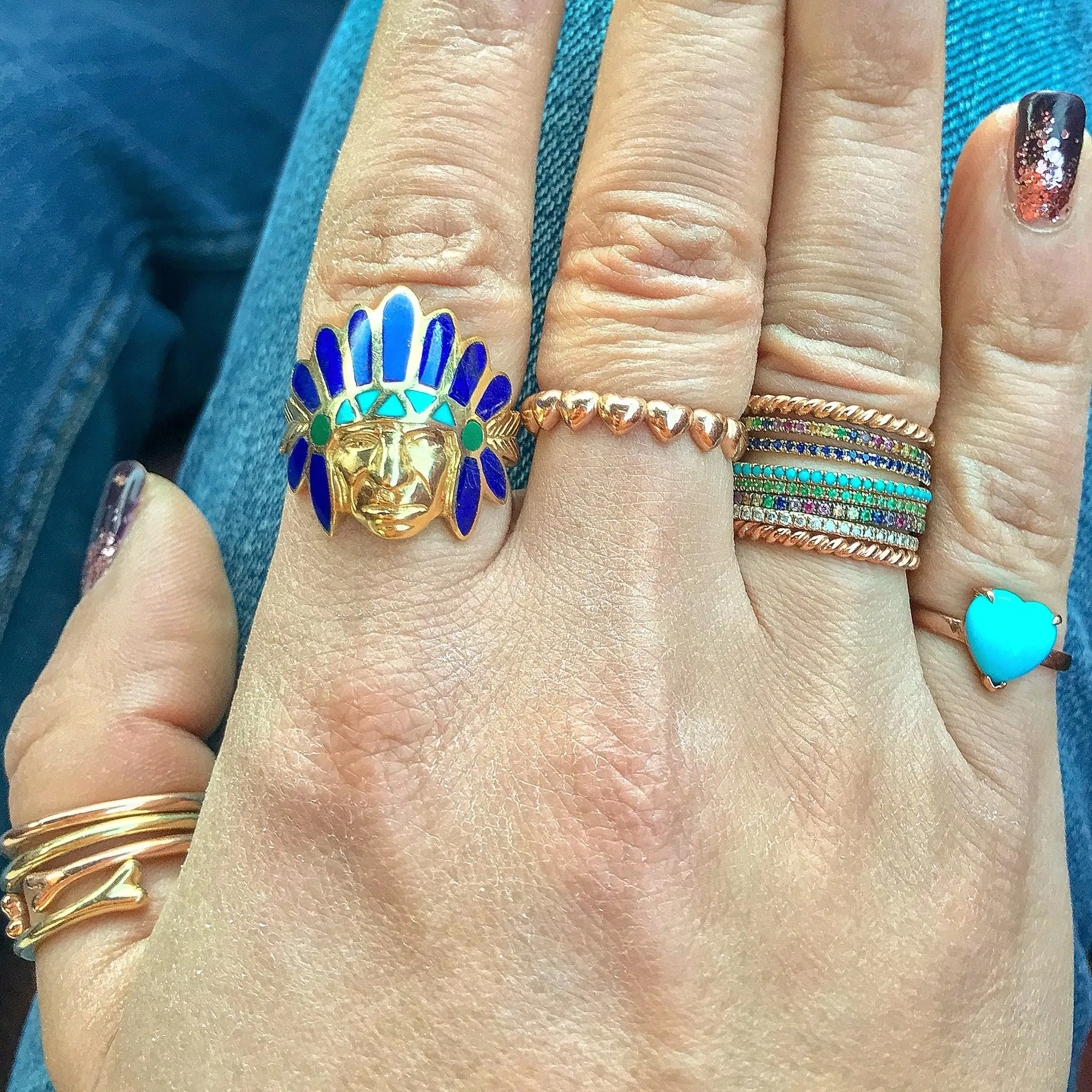 14K Gold Chief Head Ring ~ Lapis Lazuli, Turquoise & Malachite