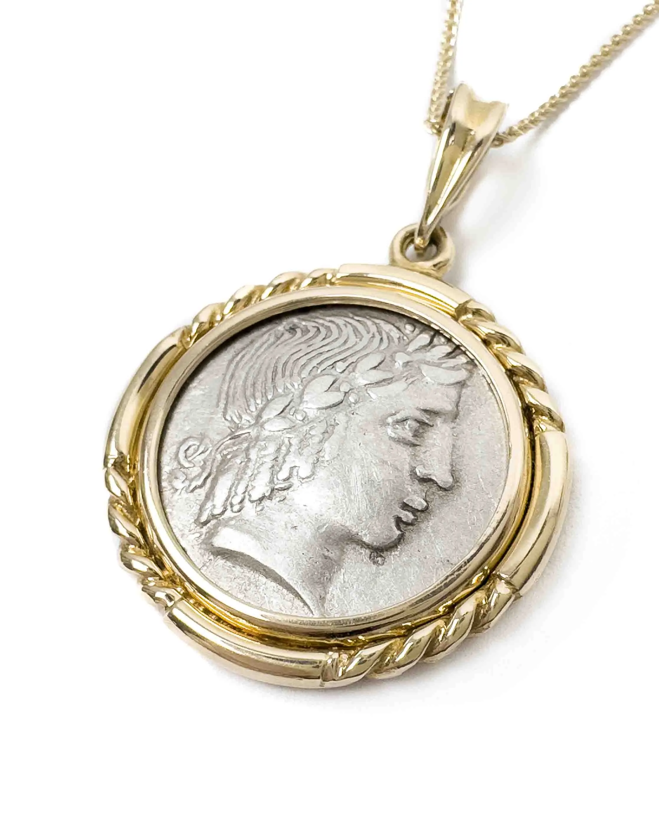 14k Gold Genuine Ancient Greek Coin Necklace (Apollo; 44-18 B.C.)
