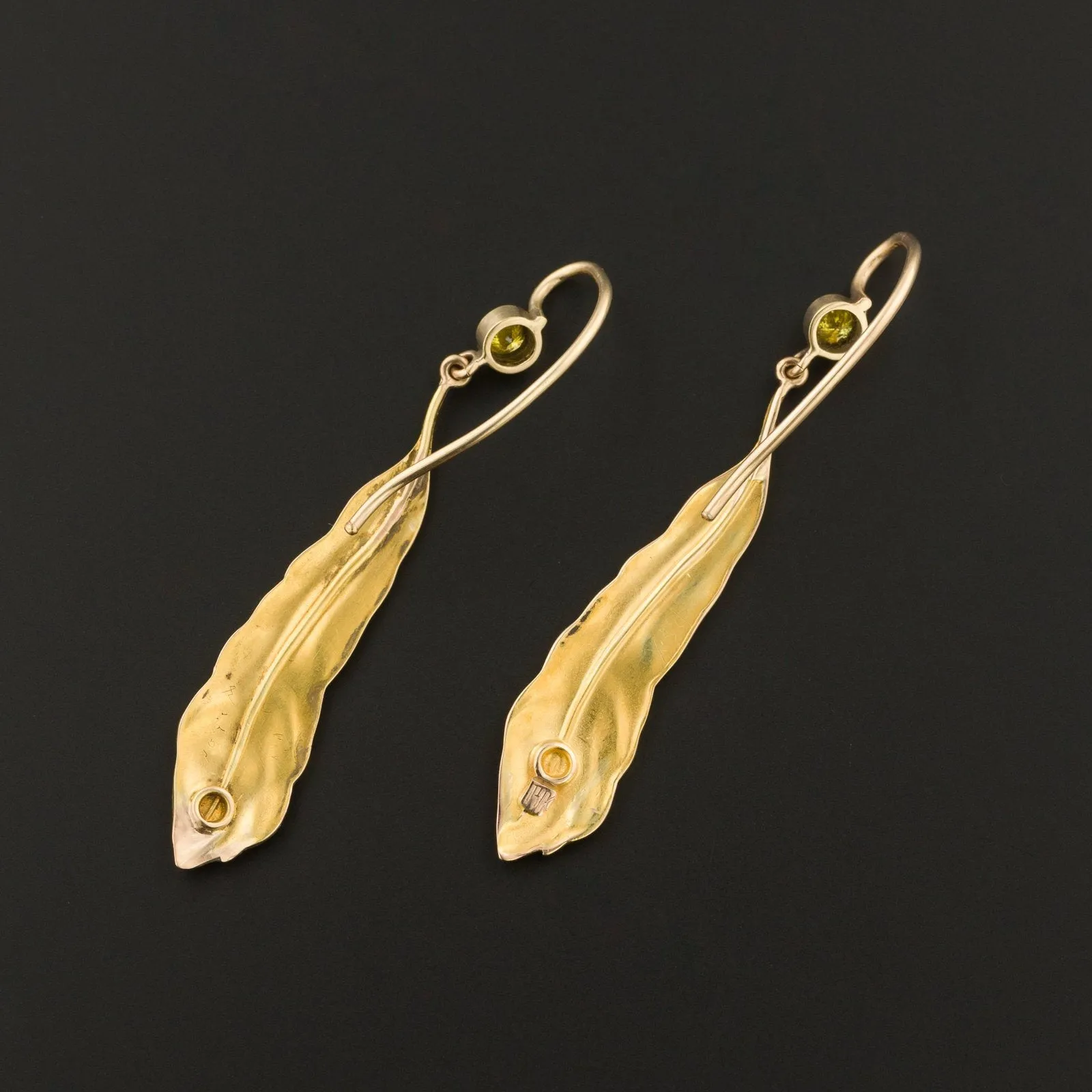 14k Gold Peacock Feather Earrings | Antique Pin Conversion Earrings