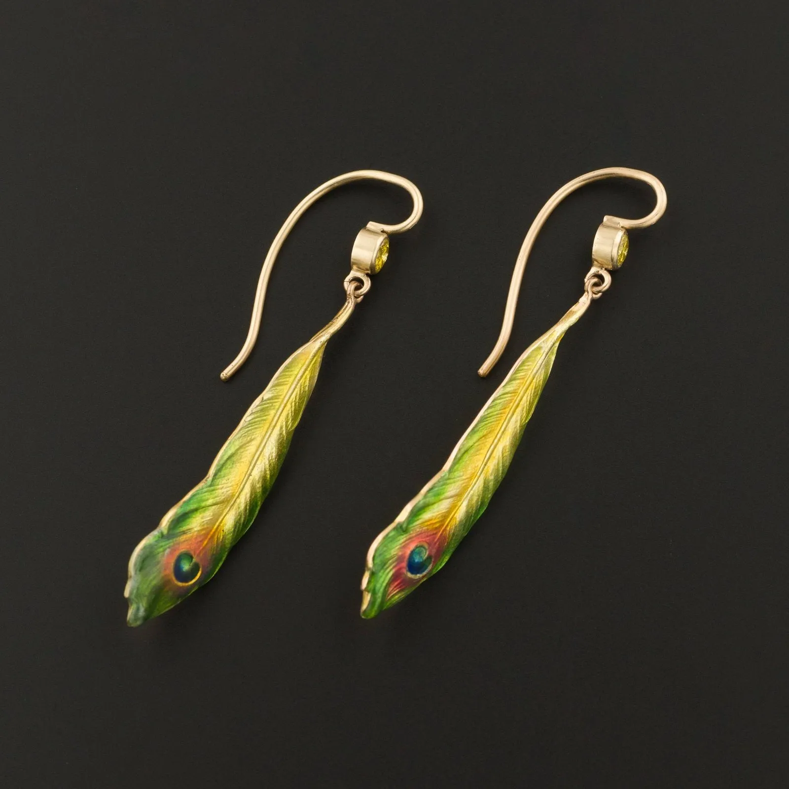 14k Gold Peacock Feather Earrings | Antique Pin Conversion Earrings