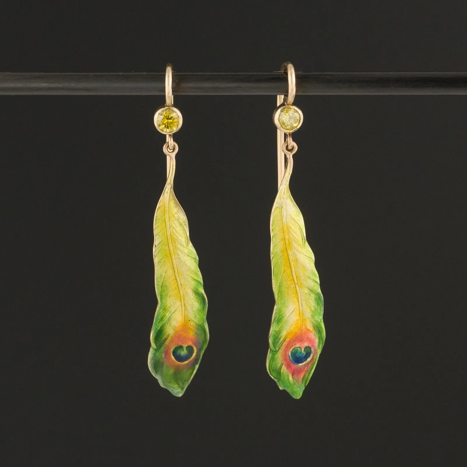 14k Gold Peacock Feather Earrings | Antique Pin Conversion Earrings