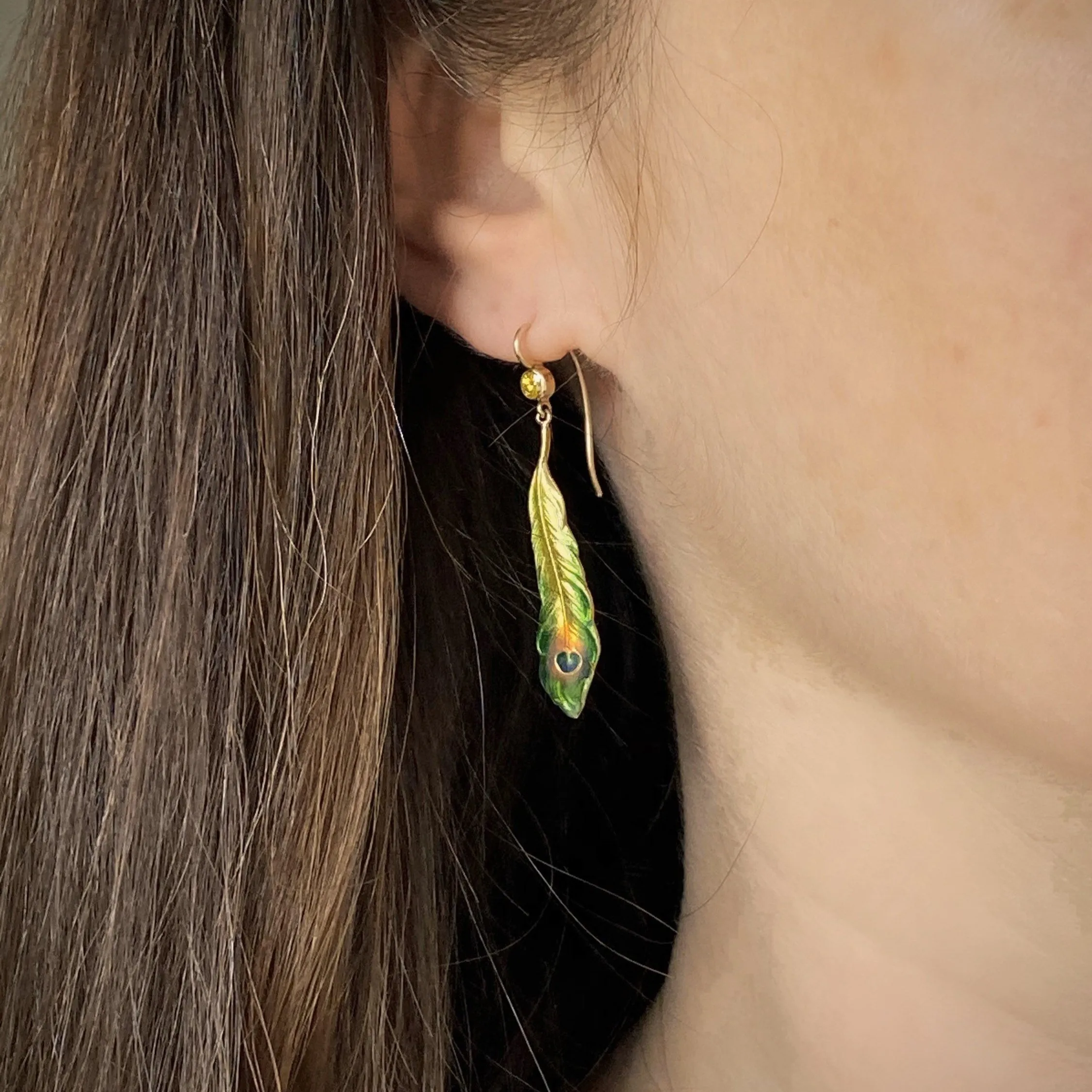 14k Gold Peacock Feather Earrings | Antique Pin Conversion Earrings