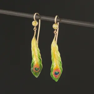 14k Gold Peacock Feather Earrings | Antique Pin Conversion Earrings