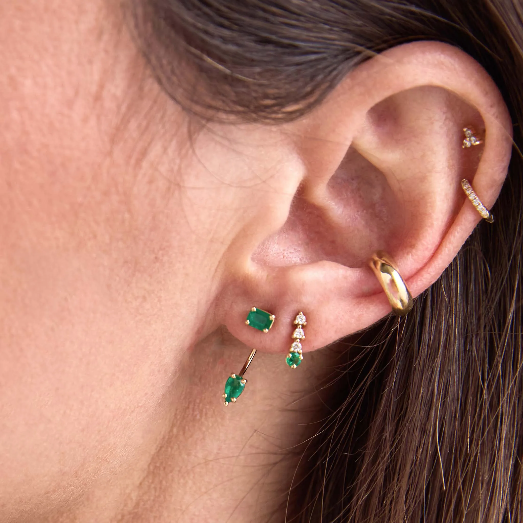 14k Prong Emerald & Short Diamond Tennis Drop Earrings