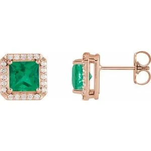 14K Rose 5x5 mm Lab-Grown Emerald 1/6 CTW Natural Diamond Halo-Style Earrings