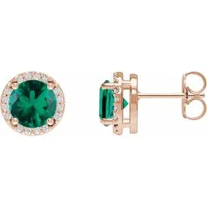 14K Rose Lab-Grown Emerald & 1/10 CTW Natural Diamond Halo-Style Earrings