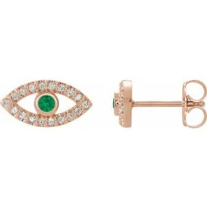 14K Rose Natural Emerald & Natural White Sapphire Evil Eye Earrings