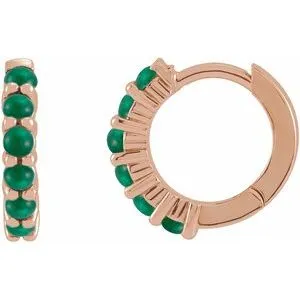 14K Rose Natural Emerald Cabochon 12.2 mm Huggie Hoop Earrings