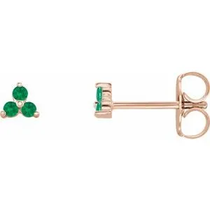 14K Rose Natural Emerald Three Stone Earrings