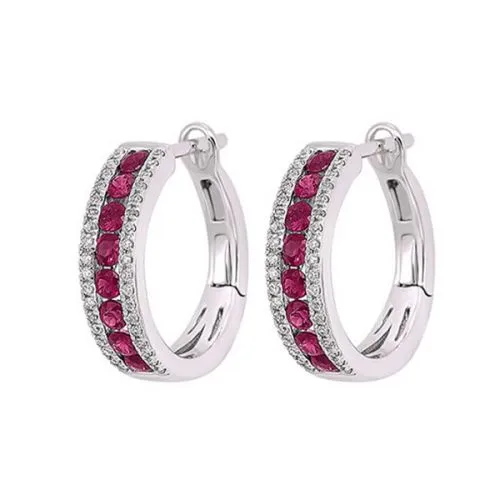 14k Ruby and Diamond 3 Row Fashion Hoop Earrings