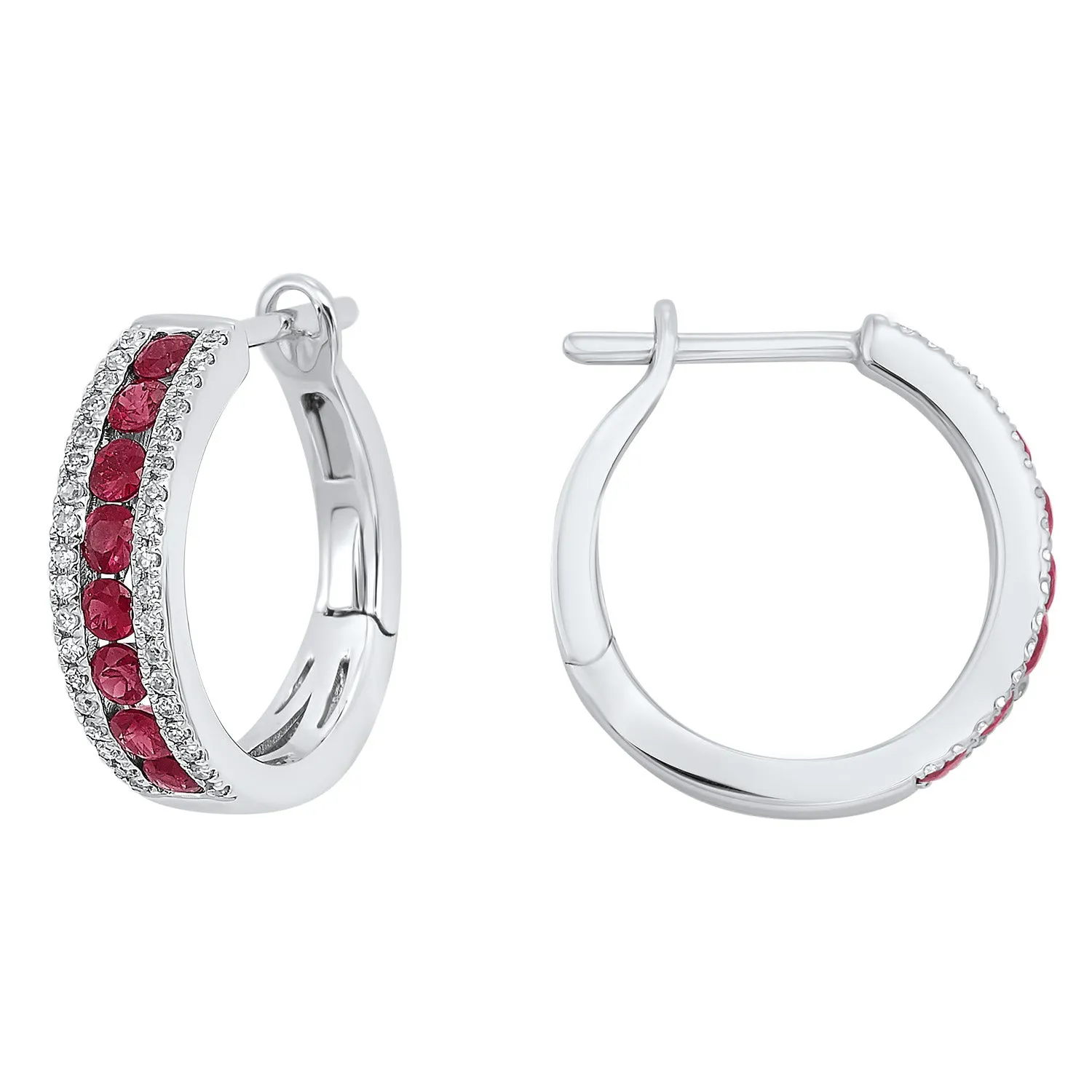 14k Ruby and Diamond 3 Row Fashion Hoop Earrings
