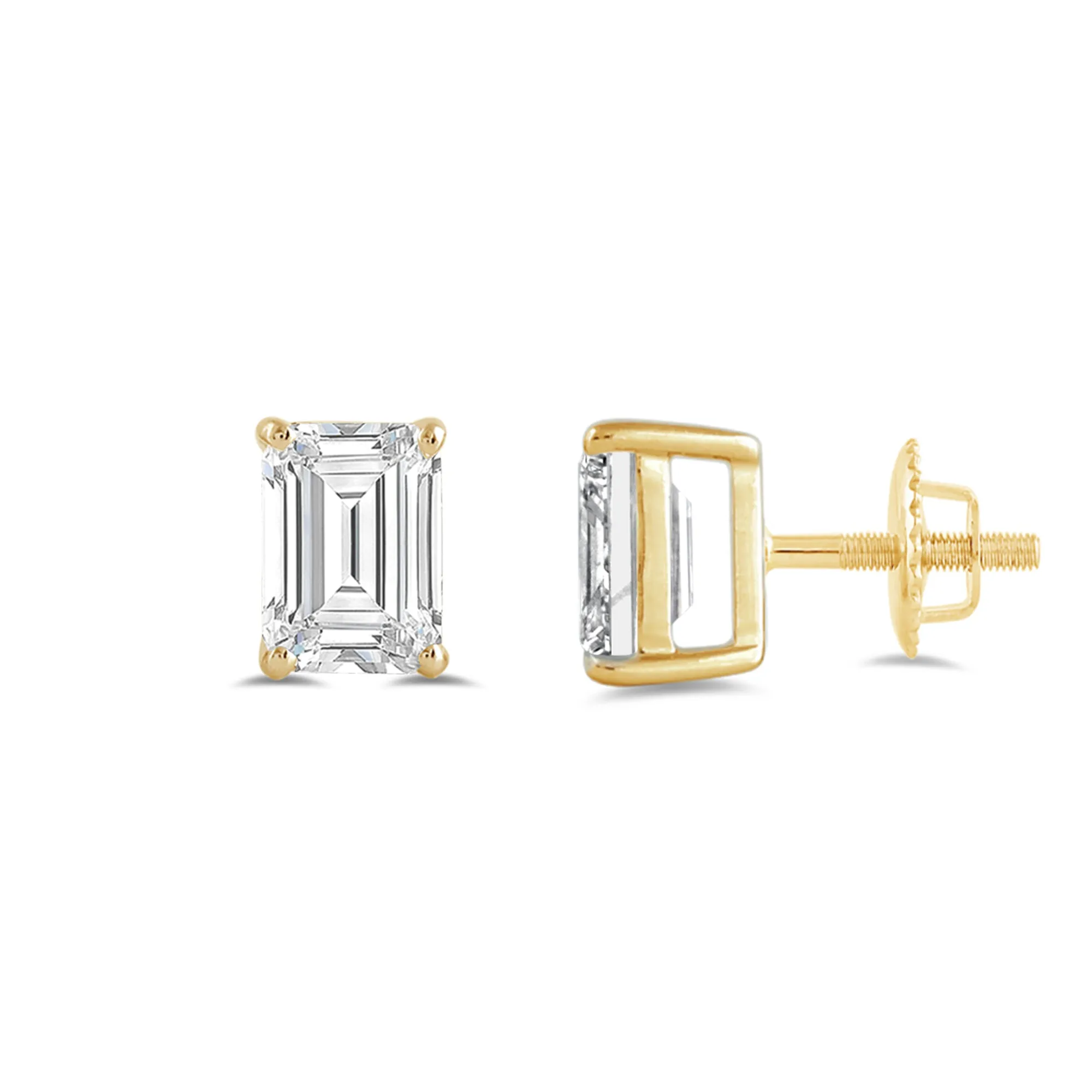 14K Solid Yellow Gold Solitaire Stud Earrings | Emerald Cut Cubic Zirconia | Screw Back Posts | 2.0 CTW | With Gift Box