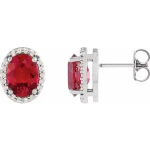 14K White 5x3 mm Lab-Grown Ruby & .04 CTW Natural Diamond Halo-Style Earring