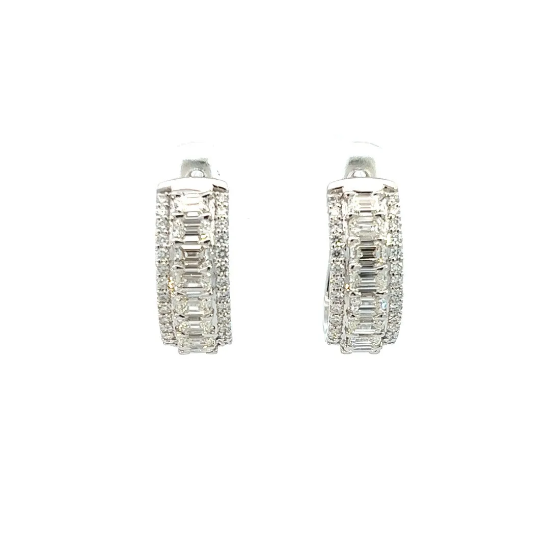 14K White Gold Emerald And Round Diamond French Back Hoop Earrings (2.86ctw)