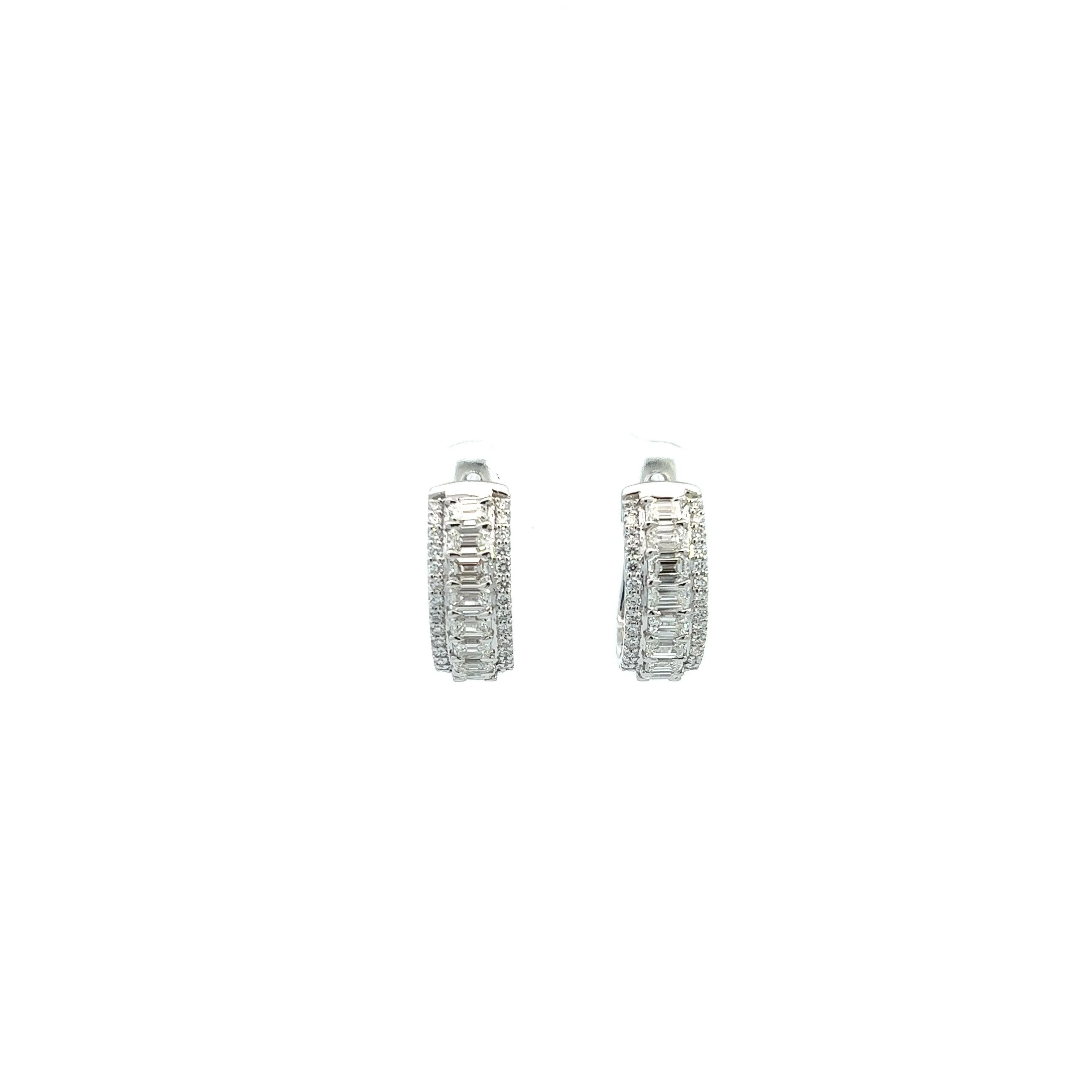 14K White Gold Emerald And Round Diamond French Back Hoop Earrings (2.86ctw)