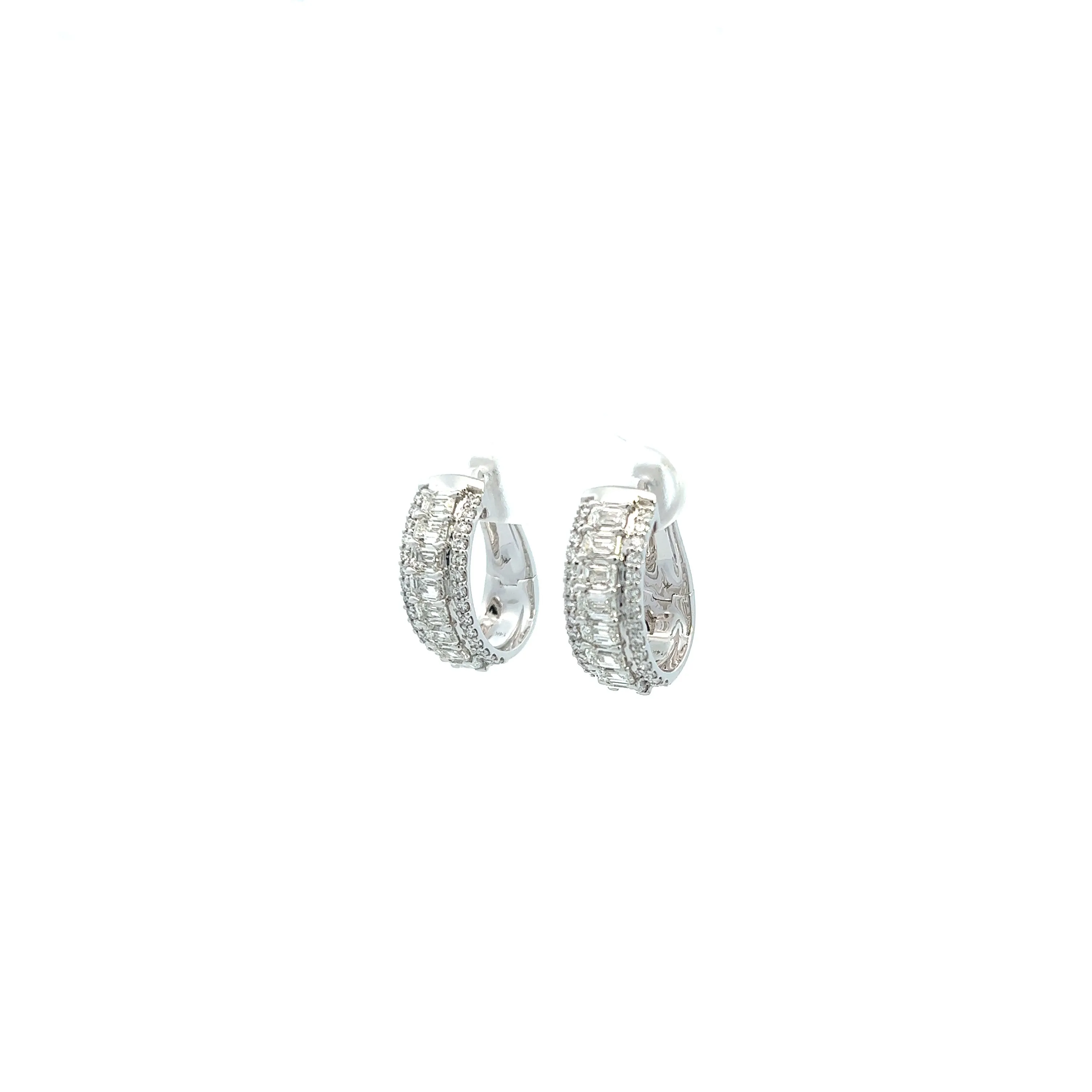 14K White Gold Emerald And Round Diamond French Back Hoop Earrings (2.86ctw)