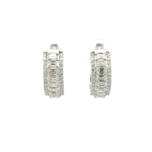 14K White Gold Emerald And Round Diamond French Back Hoop Earrings (2.86ctw)