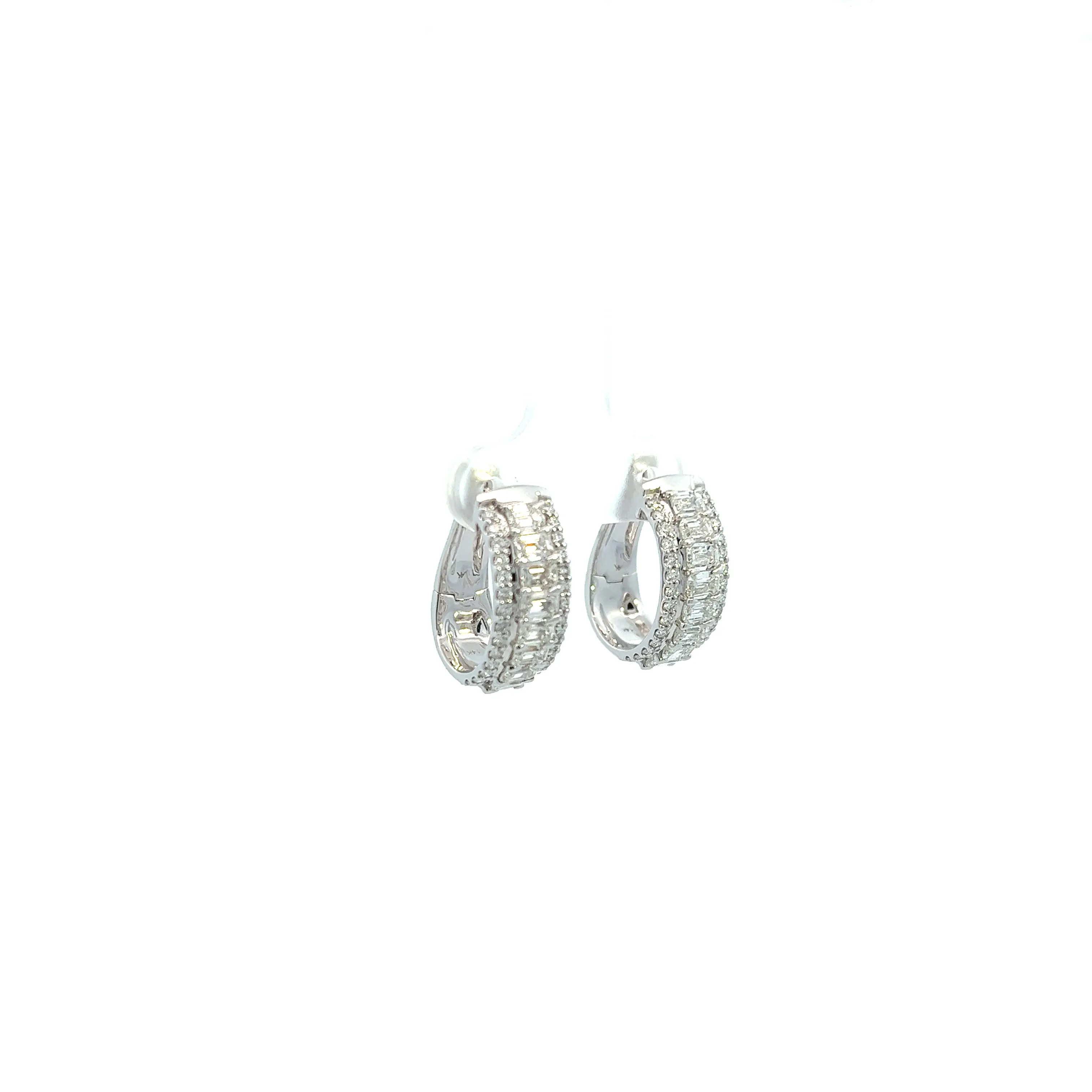 14K White Gold Emerald And Round Diamond French Back Hoop Earrings (2.86ctw)