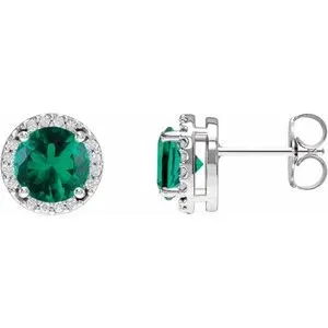 14K White Lab-Grown Emerald & 1/10 CTW Natural Diamond Halo-Style Earrings