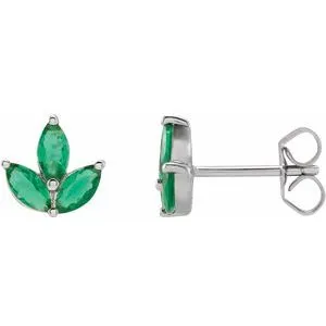 14K White Natural Emerald Cluster Earrings