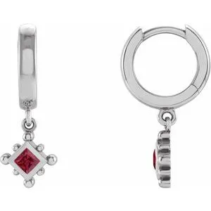 14K White Natural Ruby Beaded Bezel-Set Hoop Earrings