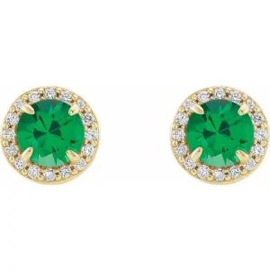 14K Yellow 3.5 mm Lab-Grown Emerald & 1/8 CTW Natural Diamond Earrings