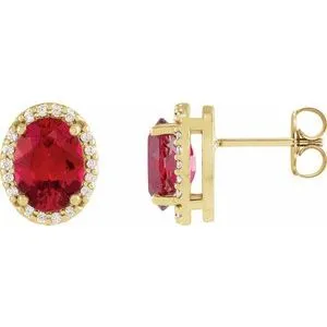 14K Yellow 5x3 mm Lab-Grown Ruby & .04 CTW Natural Diamond Halo-Style Earring