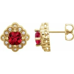 14K Yellow Chatham® Created Ruby & 1/10 CTW Diamond Earrings