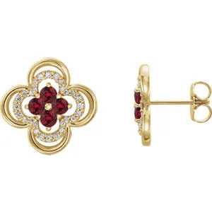 14K Yellow Chatham® Created Ruby & 1/5 CTW Diamond Clover Earrings