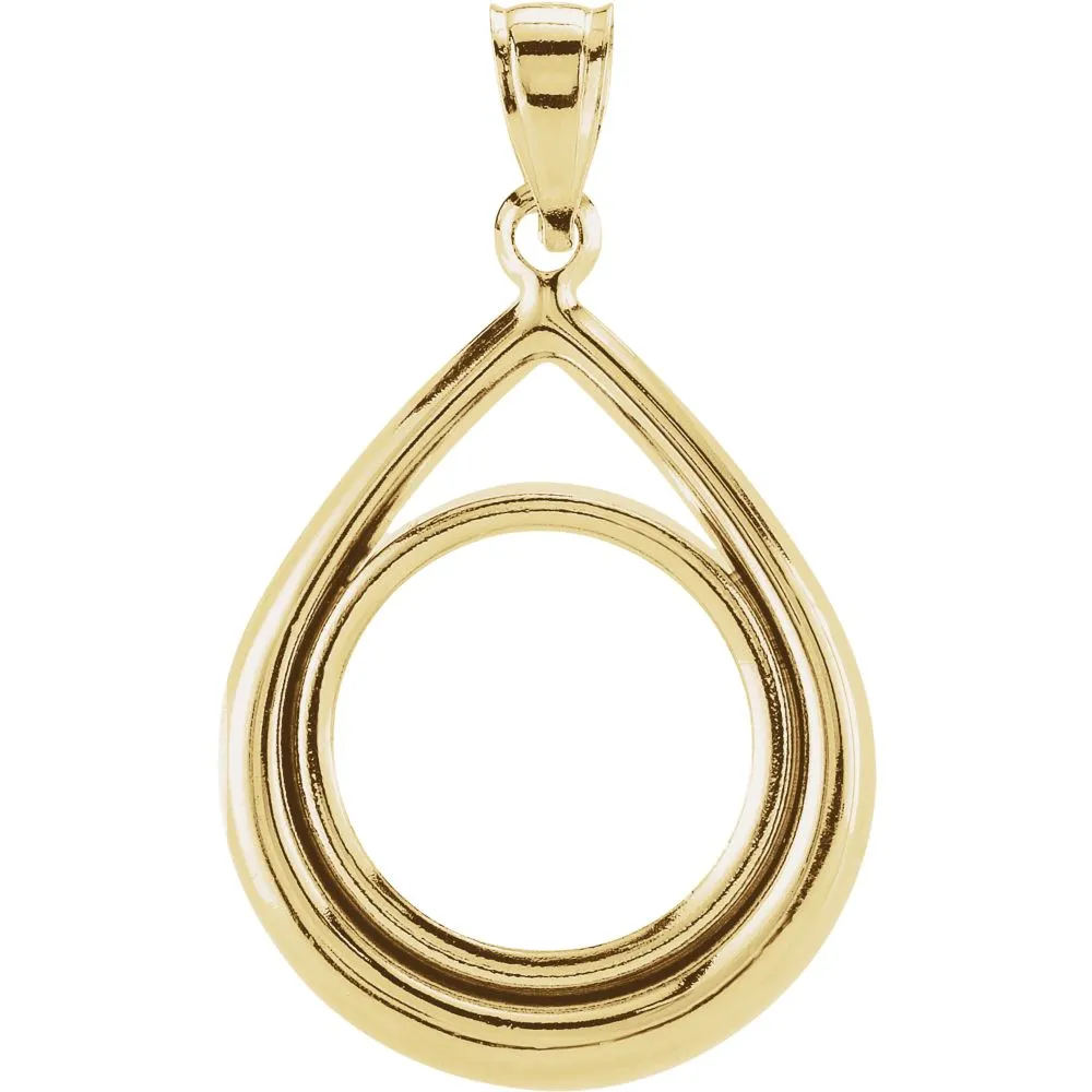 14k Yellow Gold 16.4x1.1mm Tab Back Teardrop Coin Frame Pendant for 1/10 Ounce American Eagle or 1/10 Ounce South African Rand