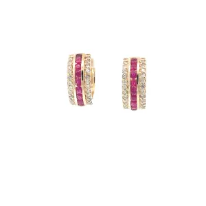 14K Yellow Gold 1ct Round Ruby/.50ct G VS2 Round Diamond Huggies Earrings 8mm