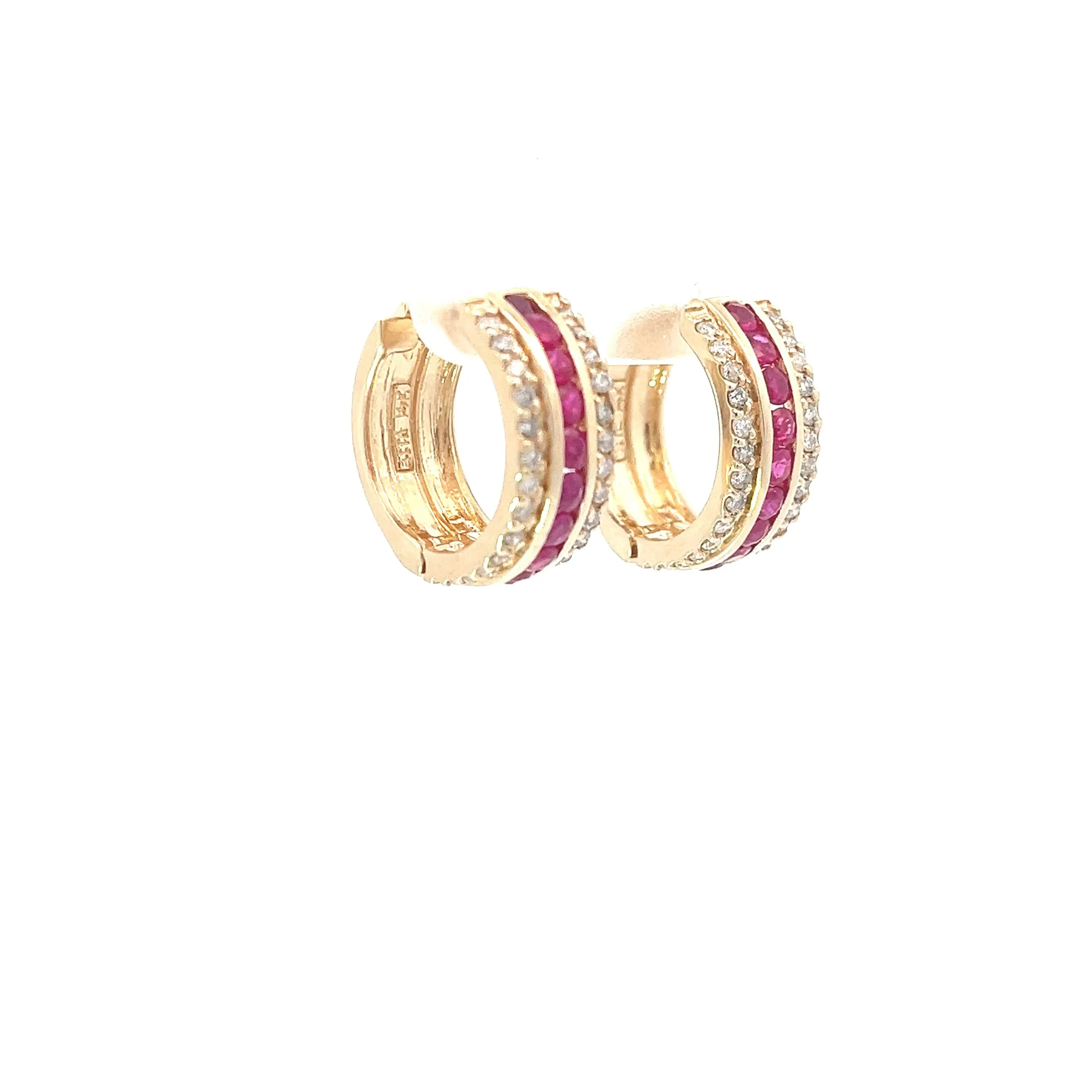 14K Yellow Gold 1ct Round Ruby/.50ct G VS2 Round Diamond Huggies Earrings 8mm