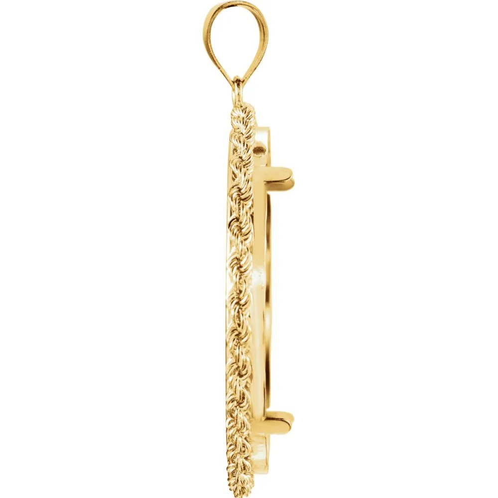 14k Yellow Gold 2.5mm Solid Rope Tab Back Frame Pendant for 1 Ounce American Eagle or 1 Ounce South African Rand (Krugerrand) Coin