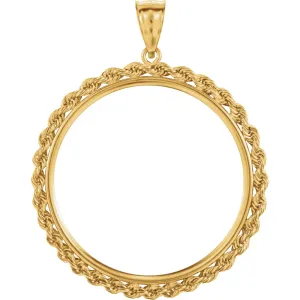 14k Yellow Gold 2.5mm Solid Rope Tab Back Frame Pendant for 1 Ounce American Eagle or 1 Ounce South African Rand (Krugerrand) Coin