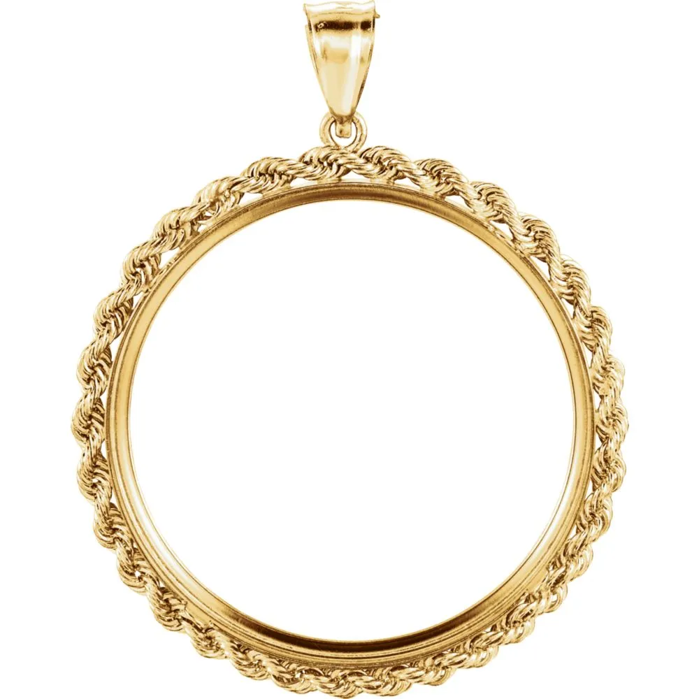 14k Yellow Gold 2.5mm Solid Rope Tab Back Frame Pendant for 1 Ounce American Eagle or 1 Ounce South African Rand (Krugerrand) Coin