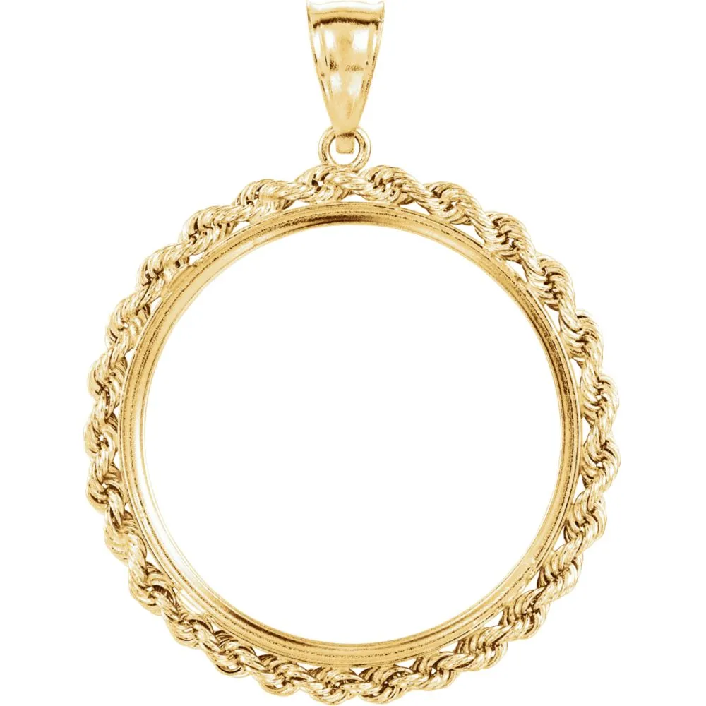 14k Yellow Gold 27.4x2mm Tab Back 2.5mm Solid Rope Coin Frame Pendant for Mexican 20 Peso