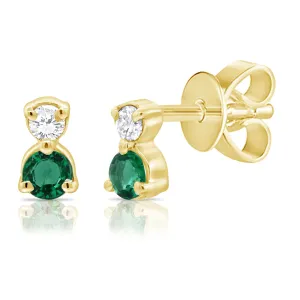 14K Yellow Gold Diamond   Emerald Mini Stud Earrings