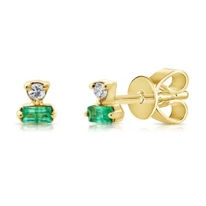14K Yellow Gold Diamond   Emerald Stud Earrings