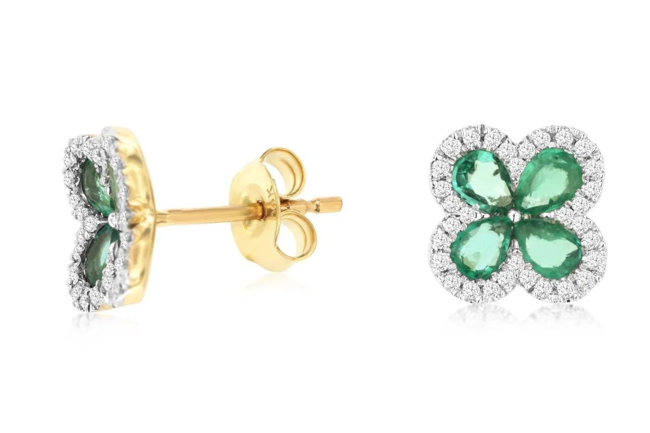 14K Yellow Gold Emerald & Diamond Floral Stud Earrings