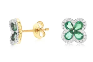 14K Yellow Gold Emerald & Diamond Floral Stud Earrings